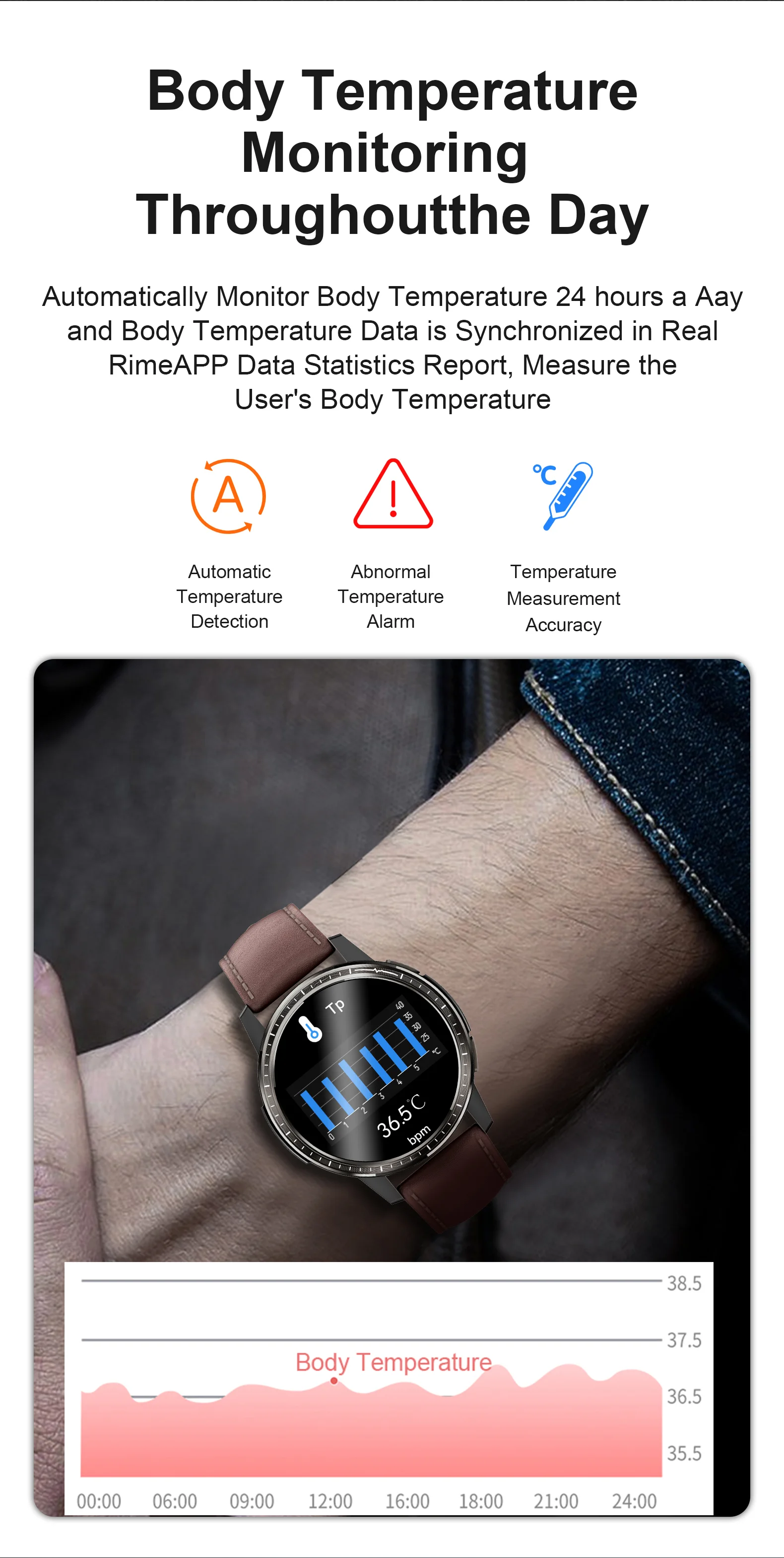 Body Temperature Smartwatch With Ecg And Oxygen Sensor PPG ECG