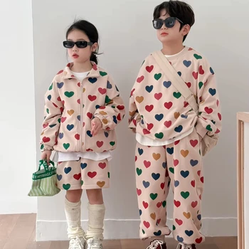Children's Set 2025 Spring Autumn Korean-style Heart-shaped Sweatshirt Set for Boys and Girls Children's Set