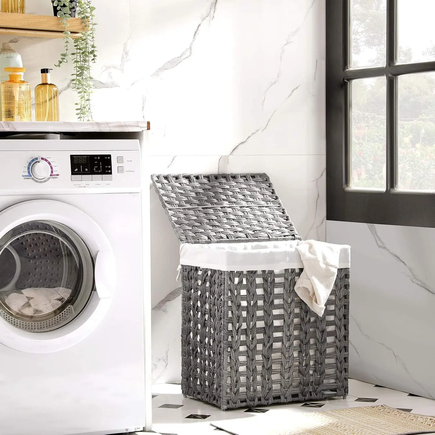 JY Home Use Plastic Metal Woven Rolling Laundry Hamper PP Synthetic Rattan Basket with Lid Cheap Stocks Available
