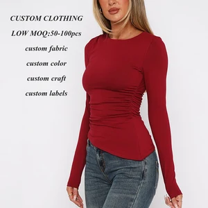Clothing Factory Wholesale High Stretch Coton t Shirts Solid Color Women Long Sleeve Slim Fit Asymmetrical Plain Blank t Shirt