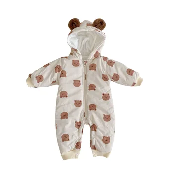 2024 winter velvet warm baby romper bear print hooded long crawl cotton baby jumpsuit cute soft infant clothes