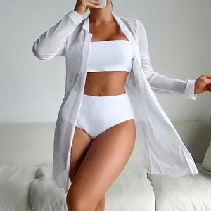 Summer Women's 3-Piece Bandeau Bikini Set with Shirt Spandex/Polyester Quick Dry & Breathable Solid Pattern