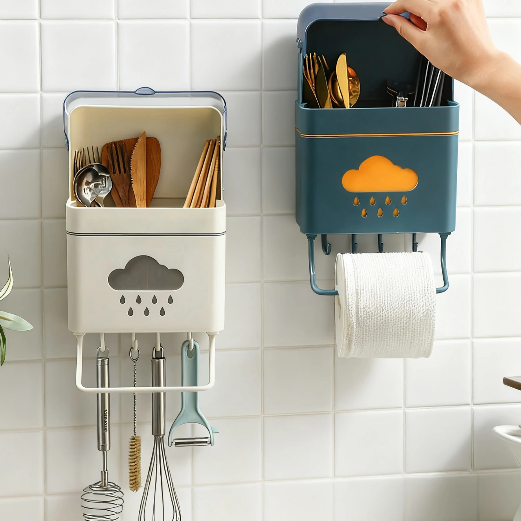 Estante Plástica de Parede para Cozinha com Porta-Chopsticks, Facas e Colheres de Sopa - Suporte Suspenso para Secagem e Escorredor de Pia