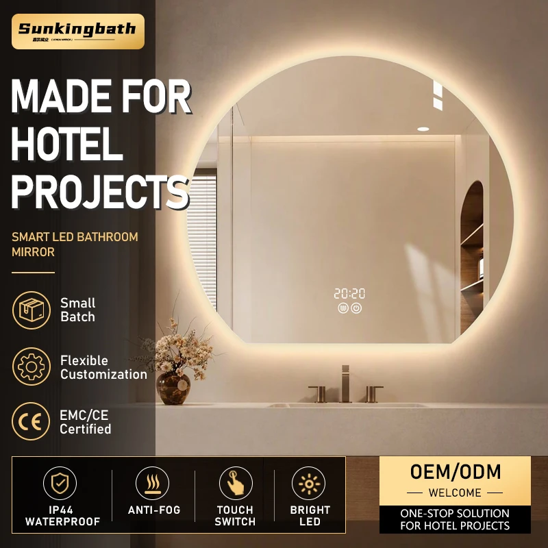 Apartment Project Irregular Led Bathroom Mirror Half Moon Round Touch Mirror Frameless Backlit Tempered Glass Mirror with Light