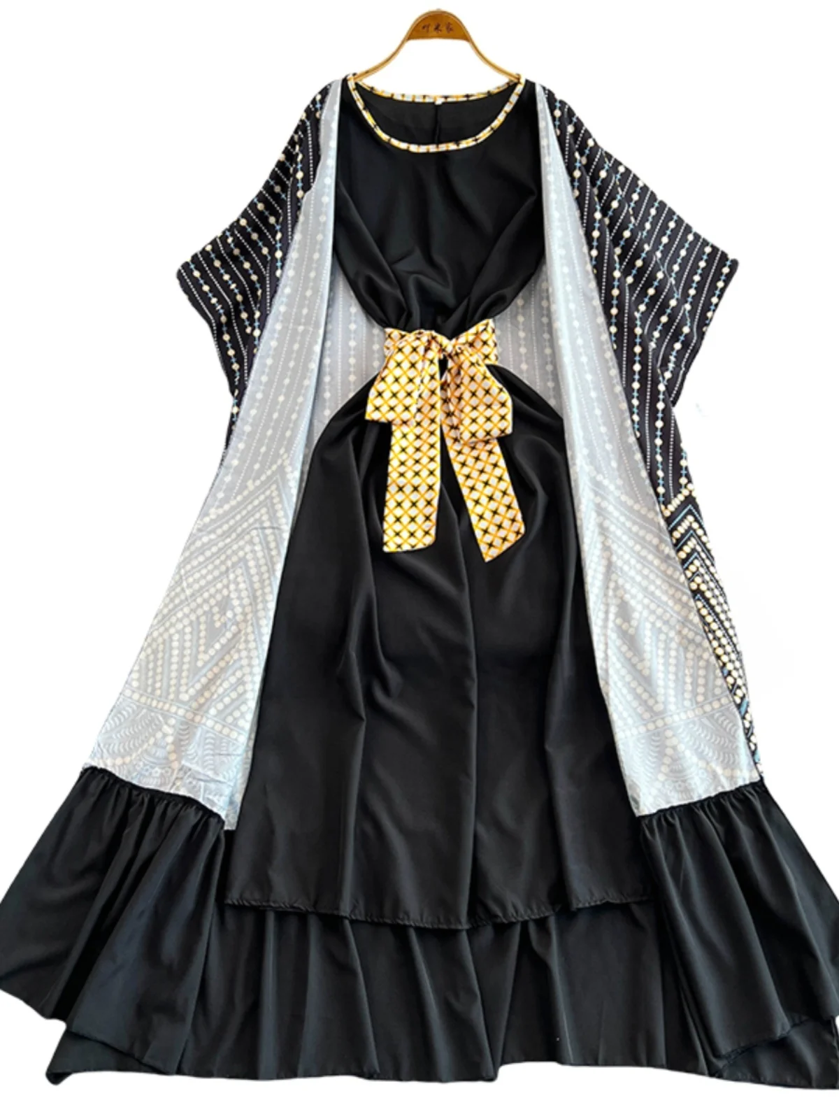 Elegant temperament printed round neck new hot stamping two-piece set women's long skirt+Western loose bata shirt