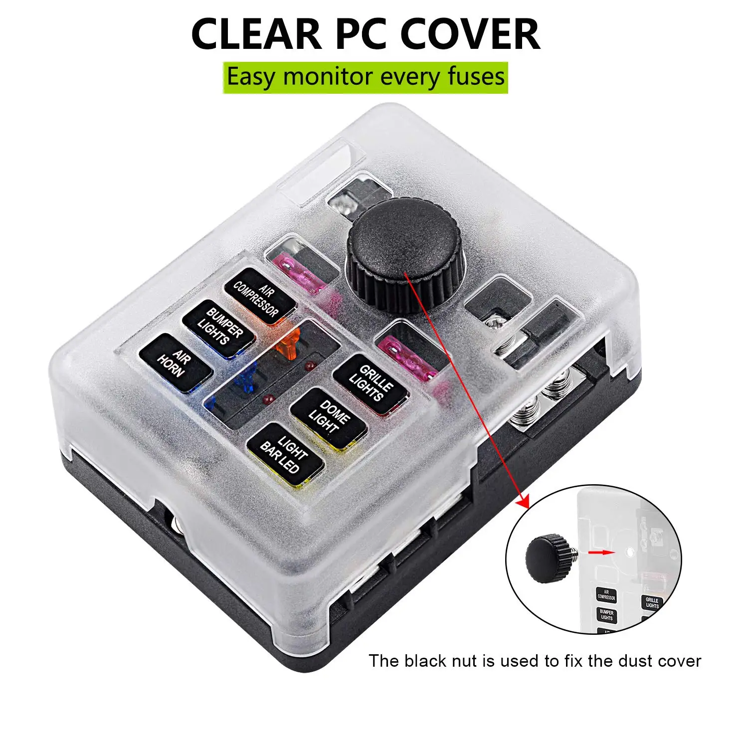 Huazu Bloc à fusibles 12 V avec indicateur LED, couvercle étanche 6 circuits avec panneau de fusible négatif pour voiture 12 V/24 V CC pour voiture