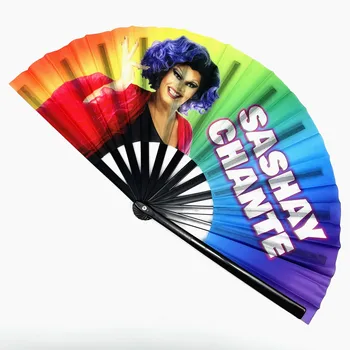 High Quality Custom Printed 13 Inches Large Folding Fan Loud Clack Bamboo Wooden Hand Held Fan for Rave Festivals Accessories