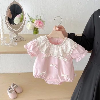 New Style Summer Lace Collar 2025 Baby Girl Romper Bow Short-Sleeved Plaid Jumpsuit 100% Cotton Casual Infant Clothes