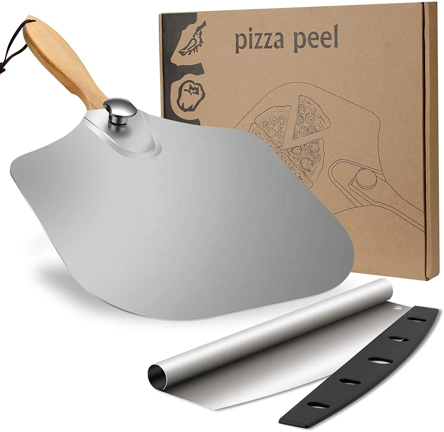 12 x 14 Inch Foldable Aluminum Pizza Peel Shovel with 14 Inch Cutter Rocker Pizza Tool Set For Homemade Baking Lovers
