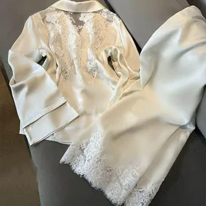 Autumn Winter Trousers Set Ice Silk Sleepwear Women Lace Floral Backless Top Pant 2Pcs Pajamas Loungewear Nightwear Wholesale