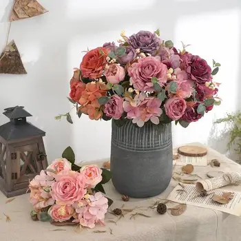 Cheap Artificial Flowers Retro Silk Rose Bouquets Hydrangea Peony Vintage Bride Holding Flower Home Wedding Decoration