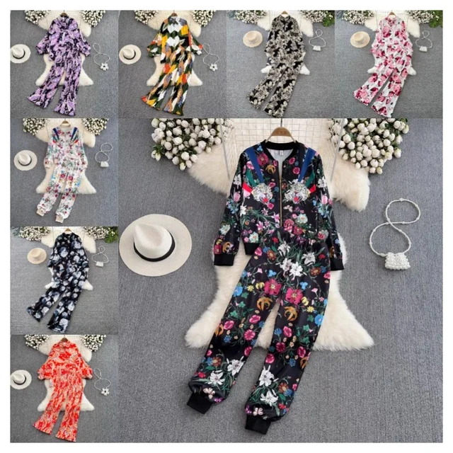 2024 Wholesale women's suit long-sleeved loose printed shirt two-piece set of high-waisted straight leg wide-leg pants