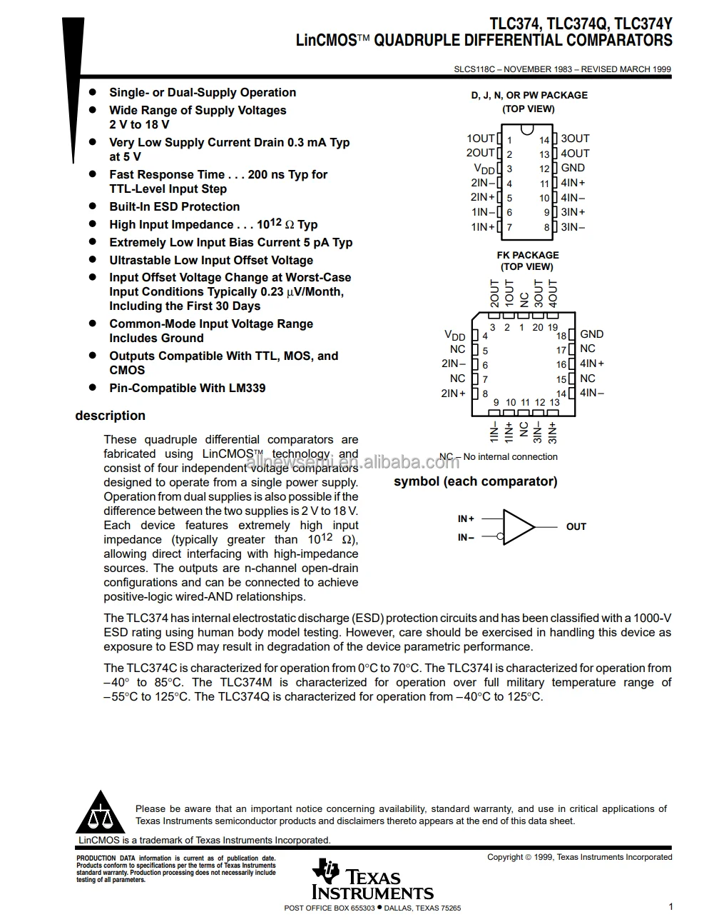 Hot sale Original Linear TLC374IDR Amplifier IC COMPARATOR 4 DIFF Comparator Differential CMOS MOS Open-Drain TTL14-SOIC