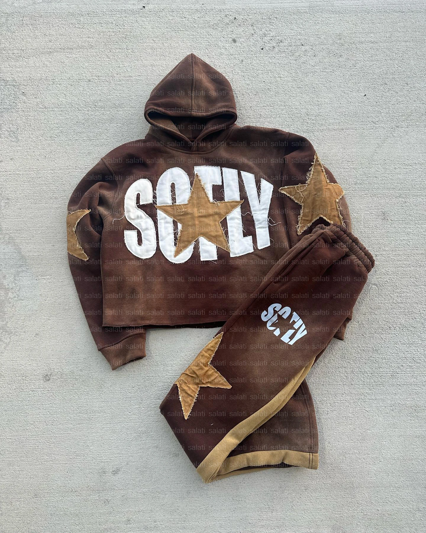 Customized Applique Embroidery Fleece Tracksuit Cotton Oversized Flared Sweatsuit Jogging Suit Female Acid Washed Hoodie Set Men gallery 3
