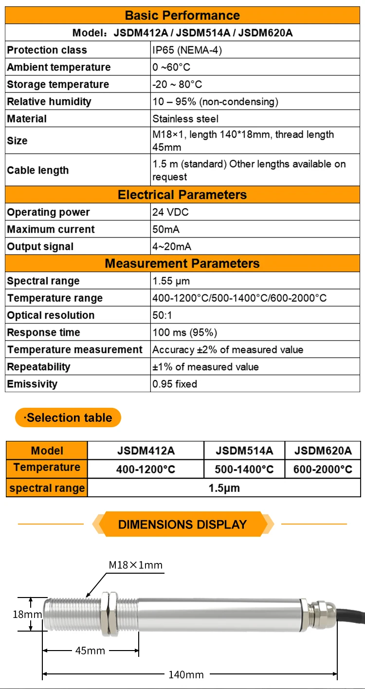 KASINTON JSDM412A 400-1200℃ 4-20ma Ip65 Non-Contact Infrared Temperature Sensor manufacture