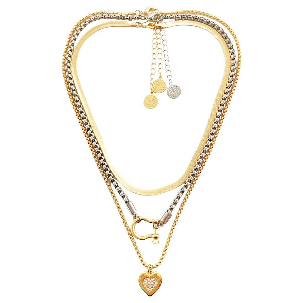 Fashion Jewelry Multi Layer Carabiner Heart Pendant CHOKER Box Chain Necklace Choker Women Men Chunky Horseshoe Necklace