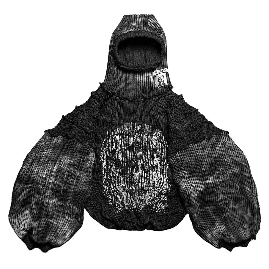 Salati Custom Y2K 460 GSM Cut and Sew Pullover Waffle Knitted Mask Ninja Oversized Acid Wash Hooded Sweatshirts Hoodies for Men