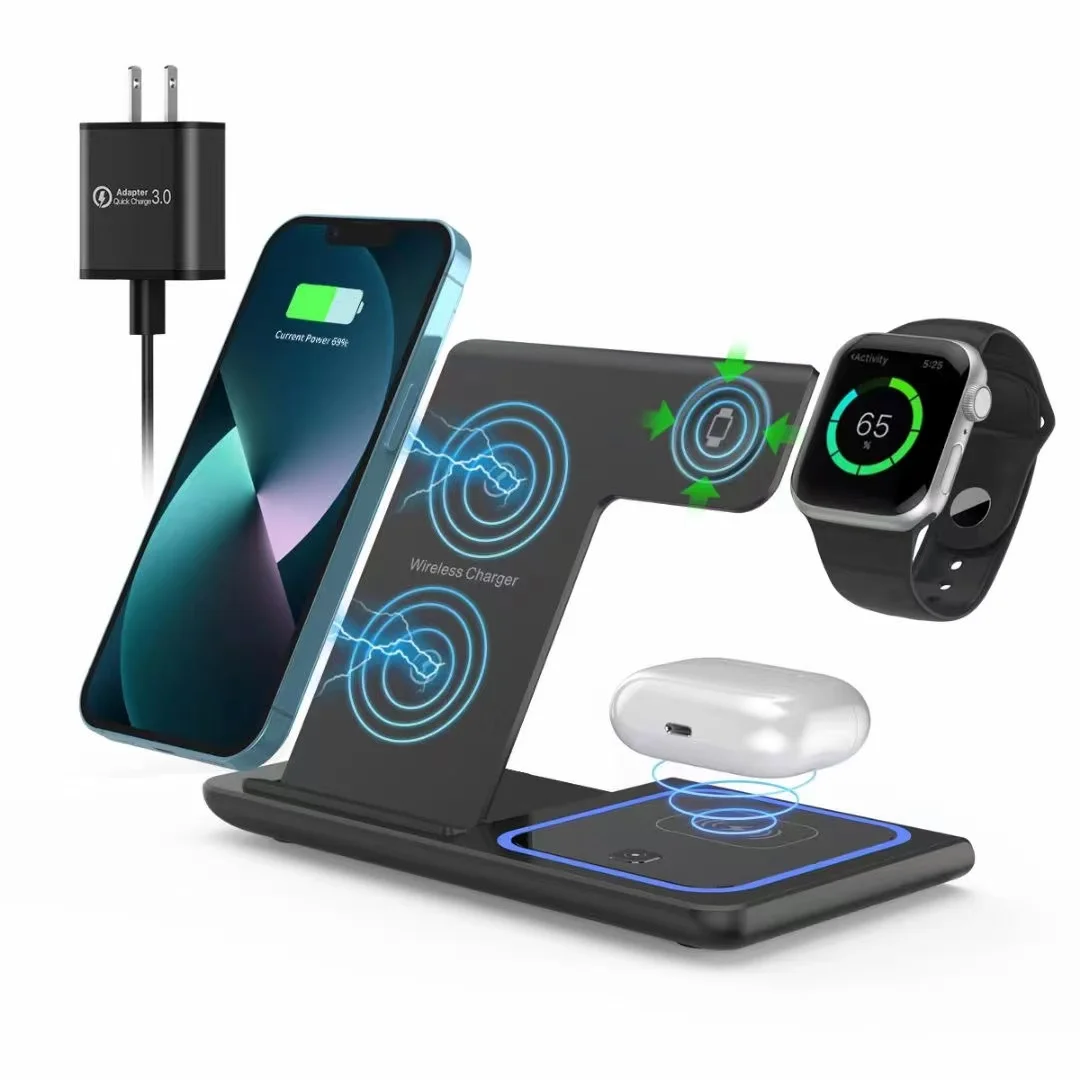 X455 Foldable Wireless Charger Stand 3 in 1 Desktop Wireless Mobile Phone Charger Stand for iPhone Apple Watch Charging Stand