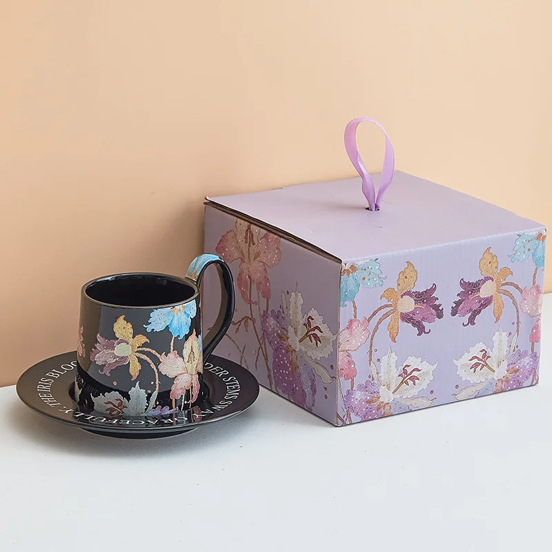 product hotsale creative business gift idea medieval style octagonal ceramic cup watercolor iris coffee mug with fruit basket-5