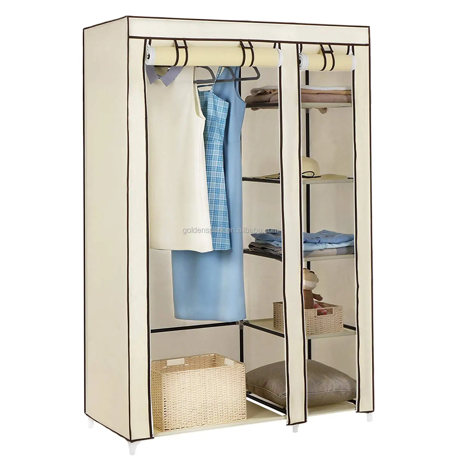 Hanging Clothes Storage Organiser For Kids & Bedroom.162 x 102 x 42 cm Home Treats Canvas Wardrobe Beige Medium 