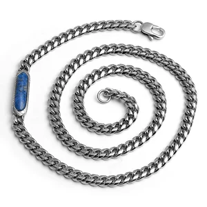 Wholesale Classic Stainless Steel Cowboy Necklace with Damascus Steel and Lapis Stone Necklace Chain for Men