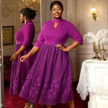 AM050347 Sexy Stand Collar 3/4 Sleeve Cut Out a Line Midi Purple Lace Plus Size Purple Dresses Women Casual