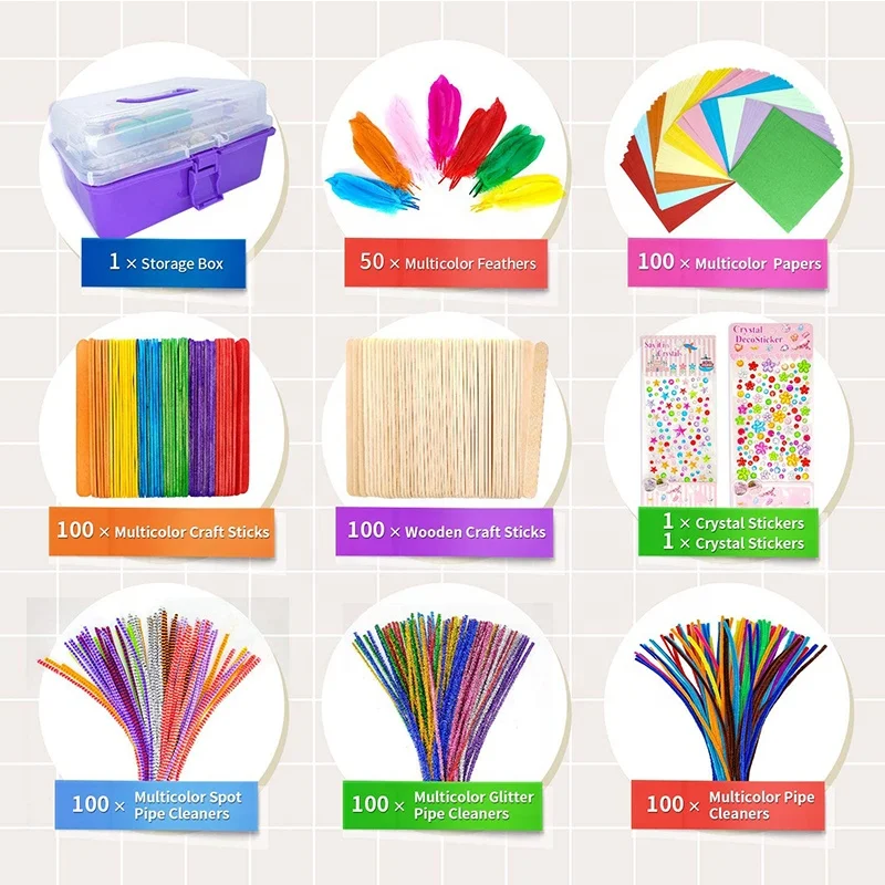 DIY Art Craft Sets Supplies for Kids Pipe Cleaners Glitter Poms Buttons