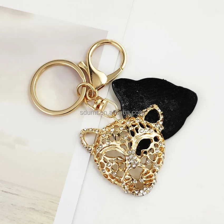 Golden Craft Design Keychain Rhinestone Leopard Head Key Chain Pendant