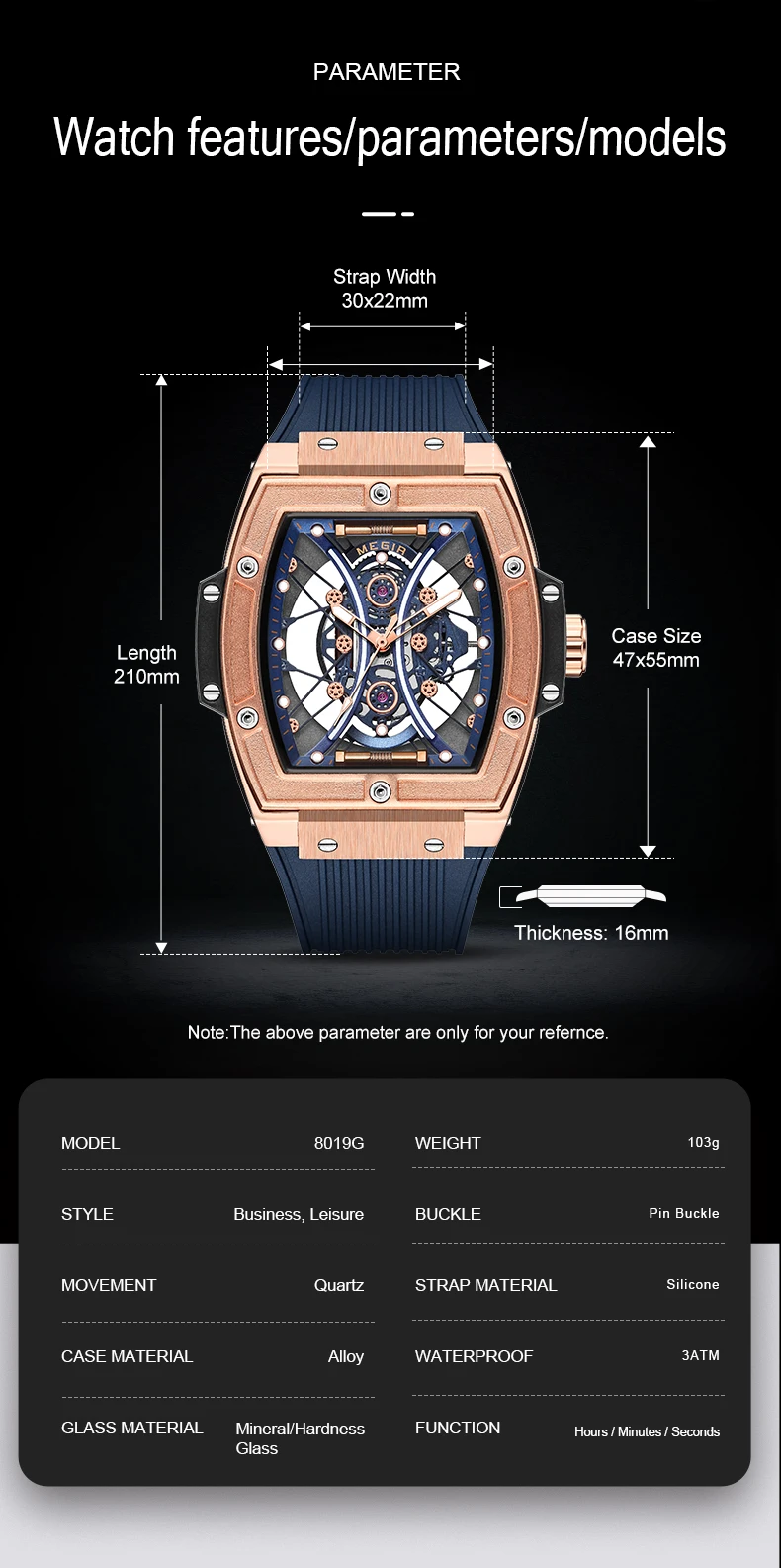 Megir 8109G 8109 Silicone Band Watch for Men Fashion Tonneau Clock Unique Dial Quartz Waterproof Luminous Chronograph Wristwatch