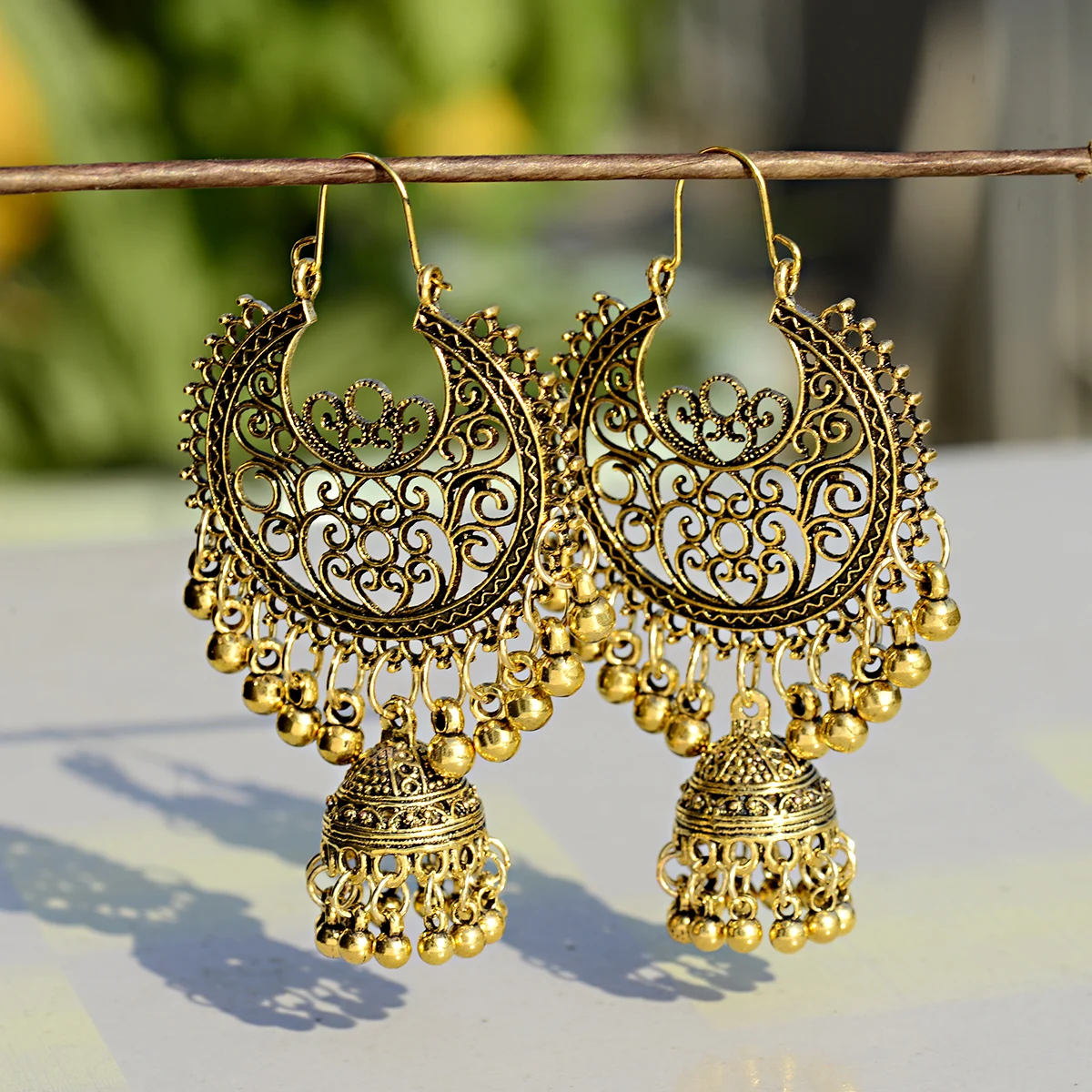 3.7 Women Carved Tassel Bells Drop Gypsy Indian Jhumka Ethnic Earrings Jewelry - Foto 3