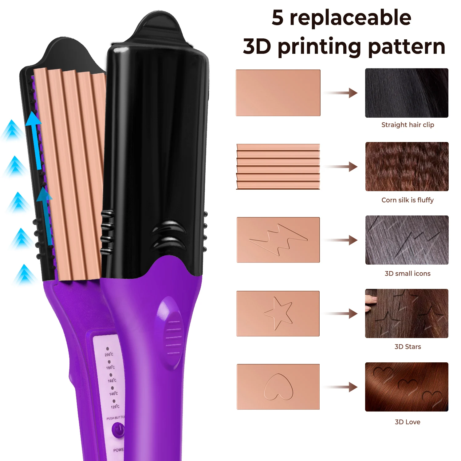 Professional 5 in 1 Interchangeable Plate Hair Straightener Hair Climper With 3 Crimping Plates 1 Straightening Flat Iron