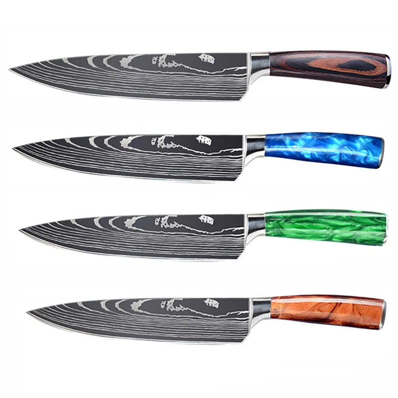 Stainless Steel Damascus Pattern Chef Knife Laser Pattern Kitchen