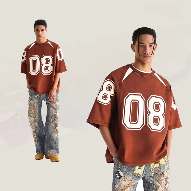 Vintage Washed 100% Cotton Sports T-Shirts for Men Oversized Boxy Fit Tee with Contrast Colors and Letter Pattern Knitted