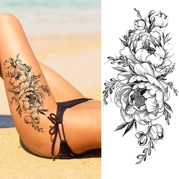 Sexy Black Henna Peony Flower Women Body Art Waterproof Temporary Tattoo