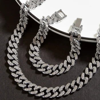 High Quality Hip Hop Cuba Link Necklace Bracelet Set Jewelry Men Silver Bracelet Necklace Jewelry Set
