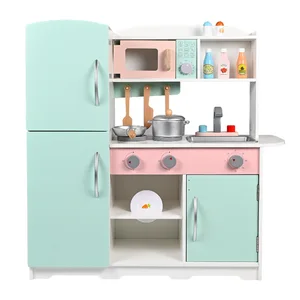 Wooden Kids Pretend Play Kitchen Set with Refrigerator Stove Combo Realistic Cooking Toy for Toddlers Green Home Simulation