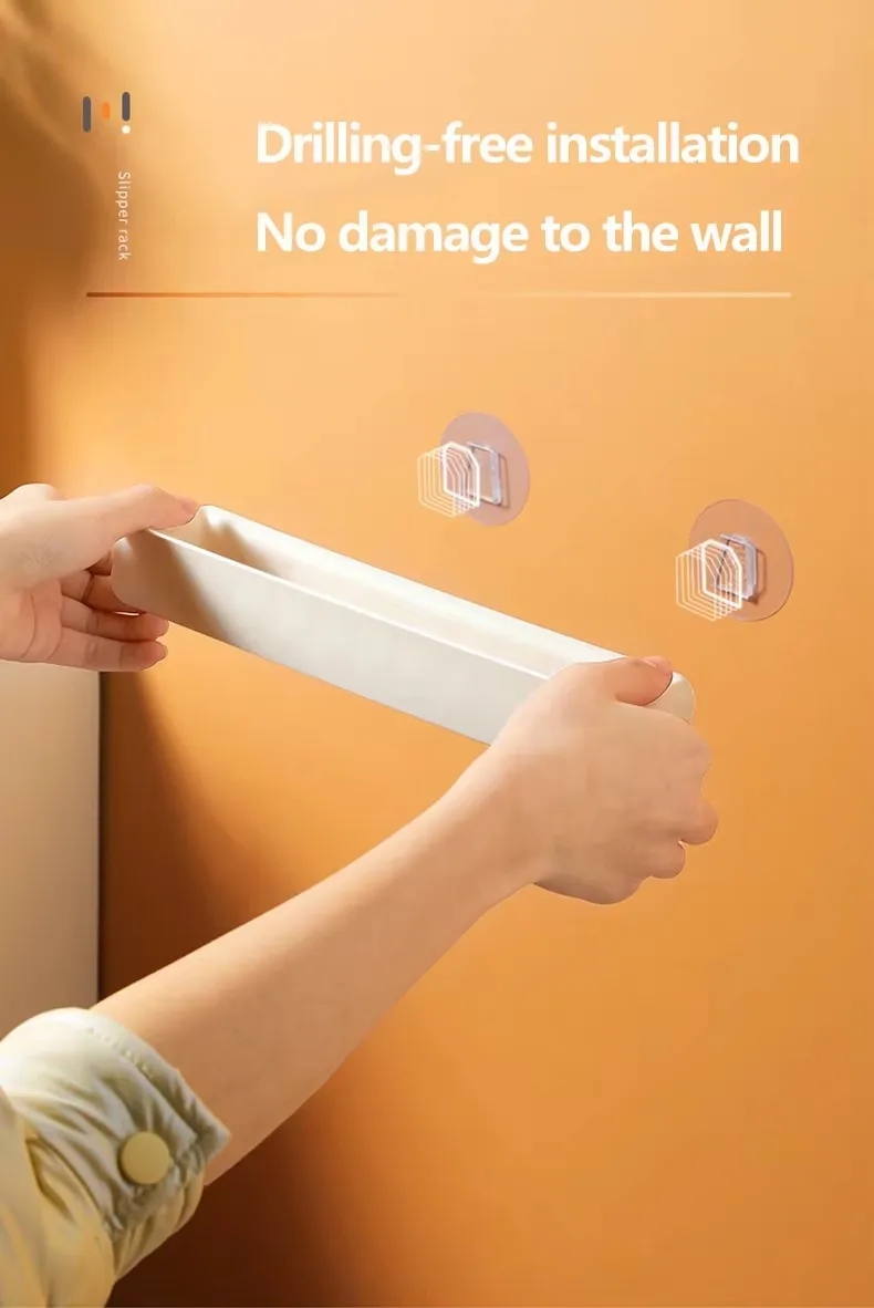 Wall Mounted Plastic Slippers Rack Rectangle Multifunction Bathroom Towel Shelf Hooks Injection Adhesive Bathroom Organizer details