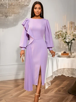 AM050806 Lantern Sleeve Pleated Split Bodycon Purple Casual Autumn Dress with Ruffles