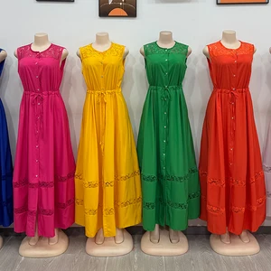 Women's Elegant Hollow Crochet Lace Evening Dress Belted Long Dress Party Casual Sleeveless Dress