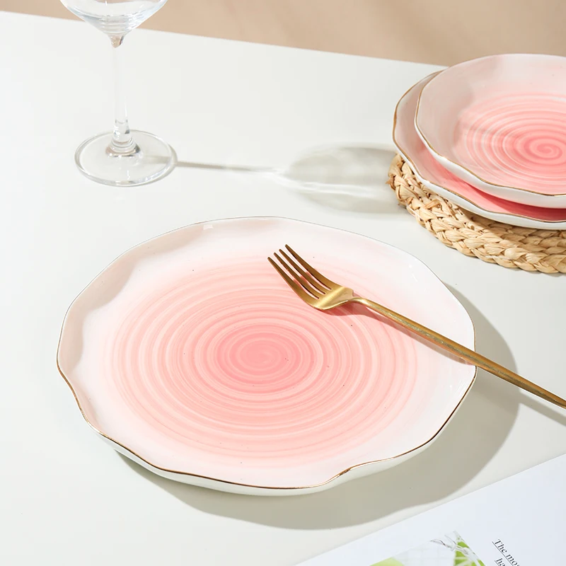 Wholesale Table Wavy Rim Sesame Glaze Orange Color Gold Rim Personalized Salad Cereal Ceramic Decorative Bowl and Plate manufacture