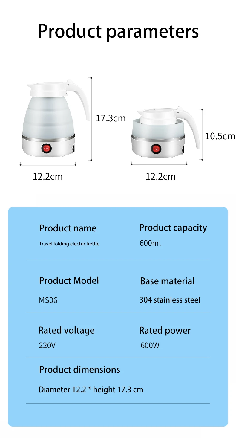 Foldable Portable Electric Water Kettle, Silicone and SUS 304, One-touch Water Boiling, Adjustable Temperature, Various Colors