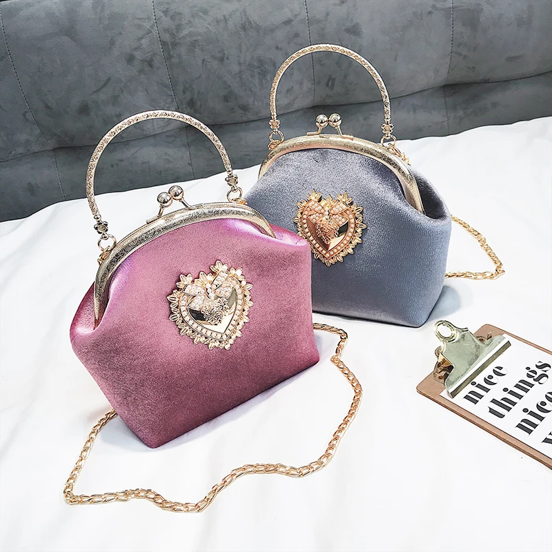 Female Vintage Velour Heart Design Handbag