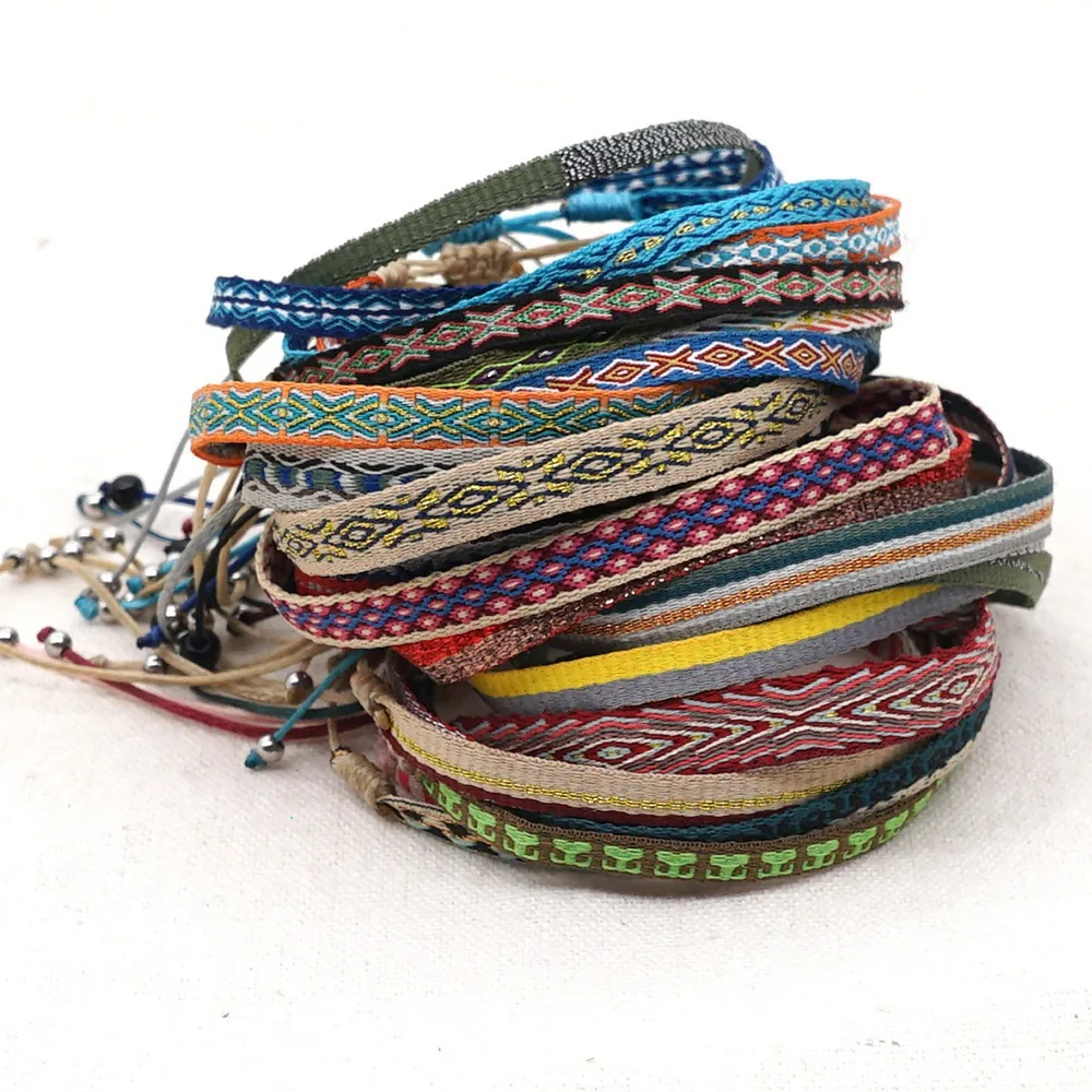 Bohemian Style Colombian Ethnic Adjustable Fabric Ribbon Woven Webbing Bracelets