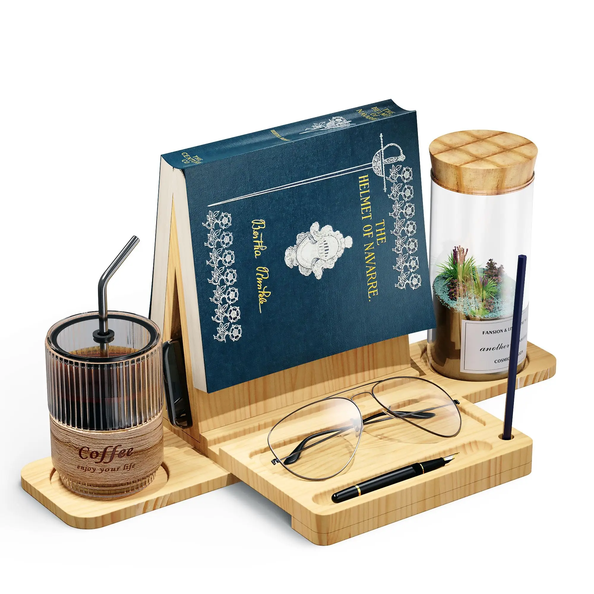Triangle Bookshelf Wooden Book Stand with Retractable Cup Holders Desktop Reading Holder Tablet Phone Stand for Home Office