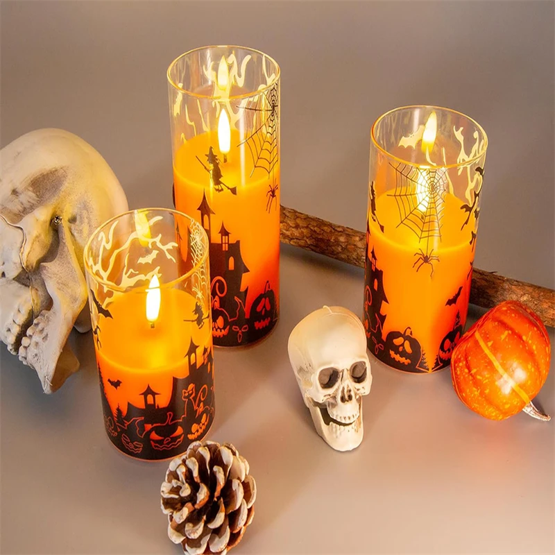 Spooky LED Halloween candle with gothic Halloween print design, perfect for creating a chilling atmosphere