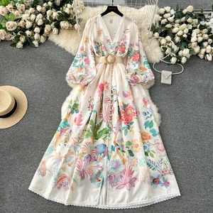 Women's Long Midi Casual Dress Autumn Floral Printed Chiffon Material Sweet Lace V-Neck Breasted French Court Casual Dresses