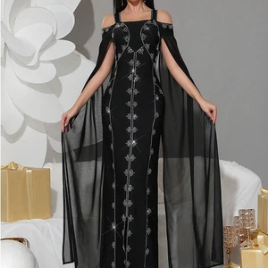 ZYHT 70103 Luxury Elegant Black Strap Lace Cape Pencil Women Formal Evening Party Wedding Guest Muslim Trendy Long Maxi Dress