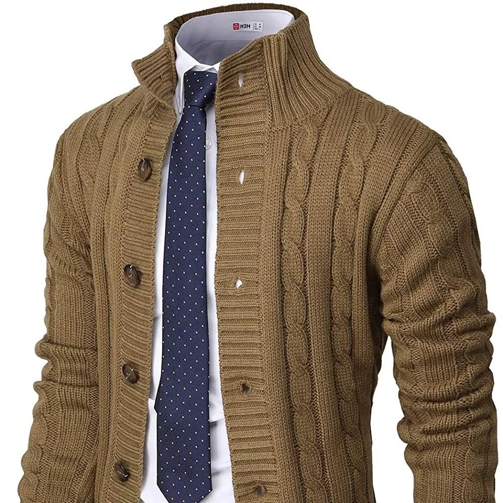 2024 Mens Casual Classic Cardigan With Stand Collar Cable Knitted Down ...