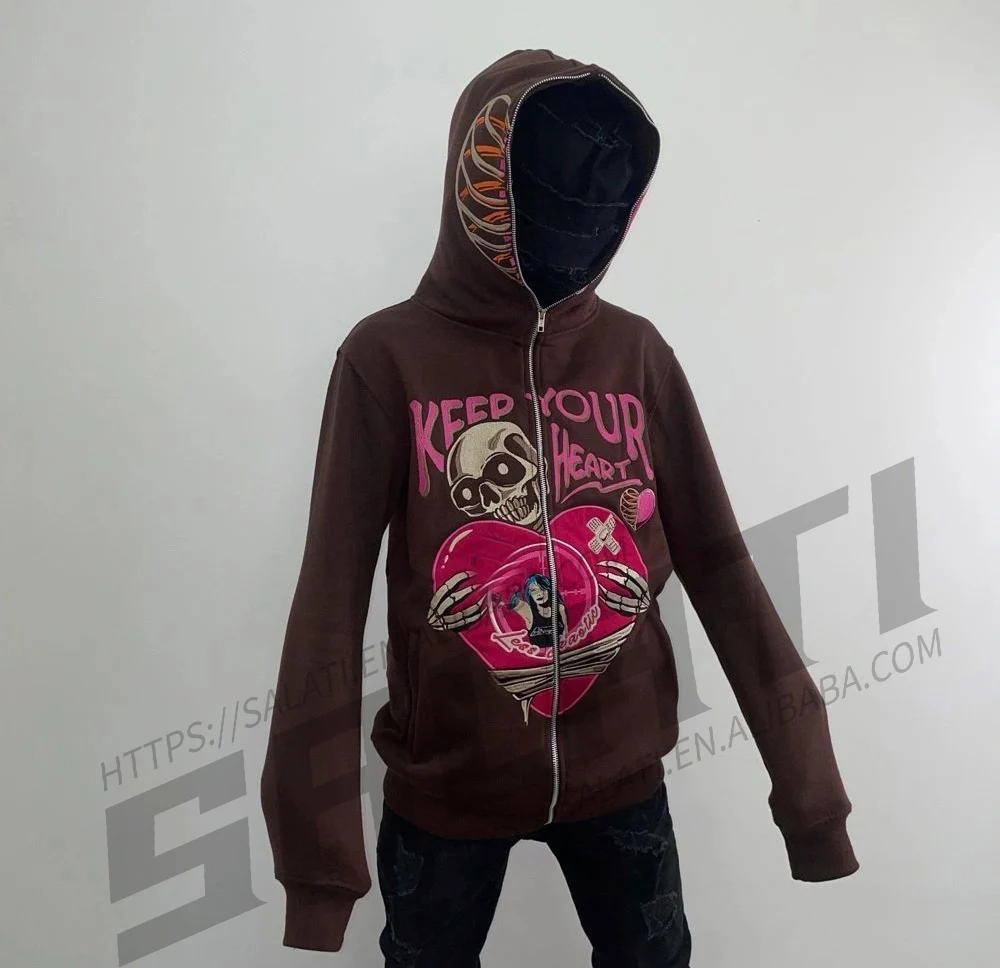 Custom Chenille Embroidery Men Hoodie Oversized Heavyweight Zipper French Terry Embroidered Cotton Print Full Face Zip Hoodie gallery 3
