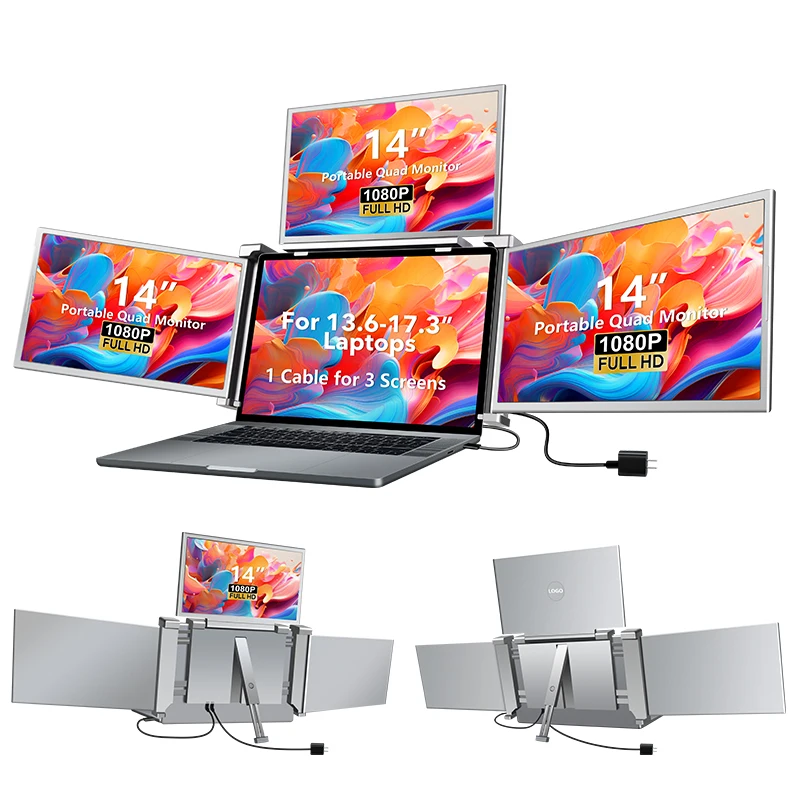 Portable Monitor for Laptop 4 Screen Monitor Extender 14 Inch Triple Screen for 13.6-17.3 Inch Laptop Via One Cable